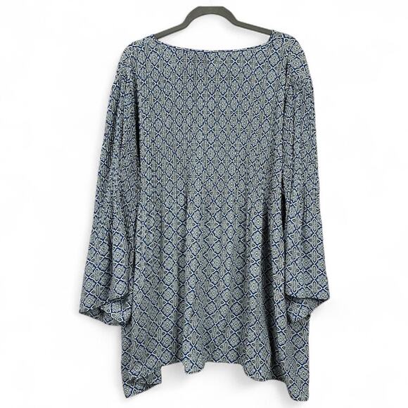 J. Jill Floral Blouse Size 3x Blue Geometric Bell Sleeve Pleated Career Workwear - Picture 2 of 12